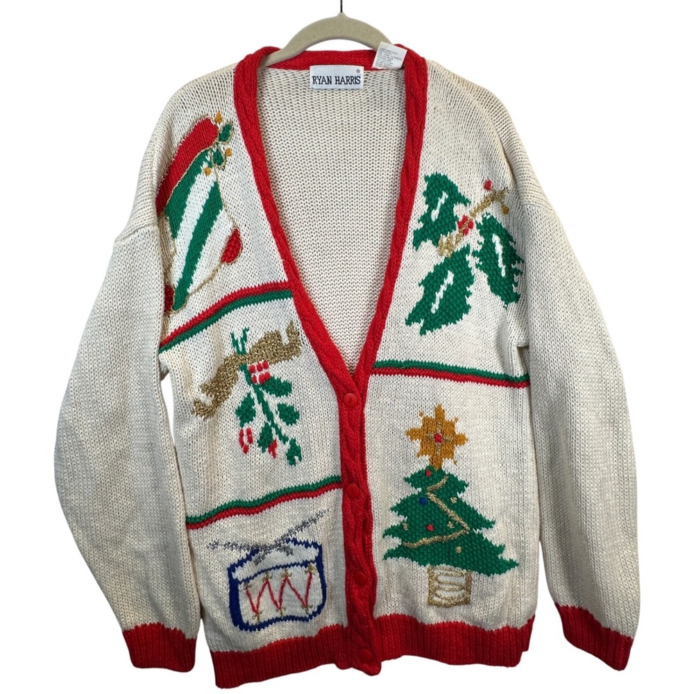 Ryan Harris Vintage Ugly Christmas Sweater Cardigan Ivory Red Green Embroidered